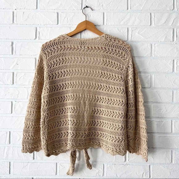 SOLD Vintage beige metallic gold crochet tie front bell sleeve sweater 12 - Picture 6 of 12